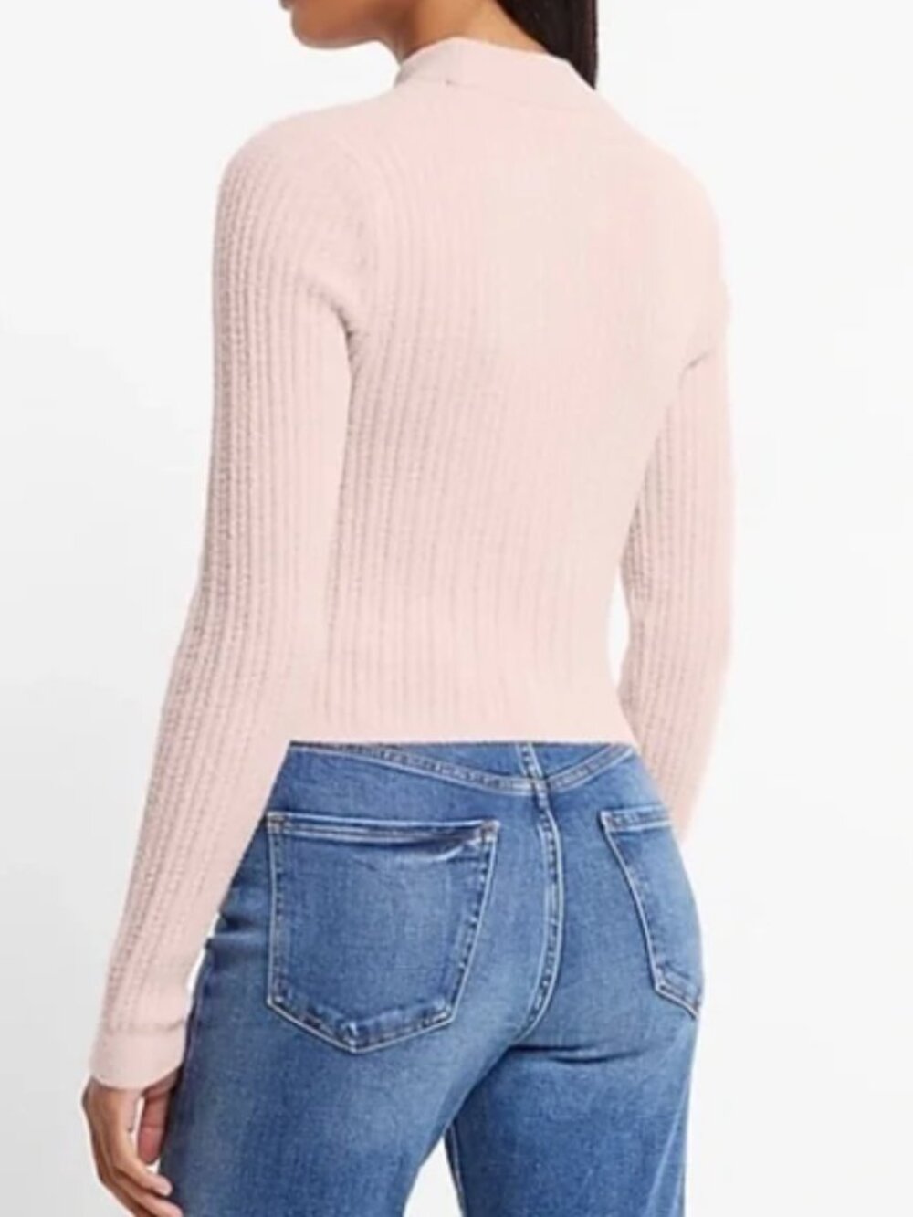 EXPRESS Cable Knit Mock Neck Cropped Sweater Light Pink - Picture 2 of 8